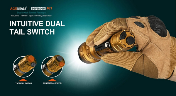 ACEBEAM-Defender-P17-sand-taktische-LED-Taschenlampe-Gatzetec lange Betriebsdauer