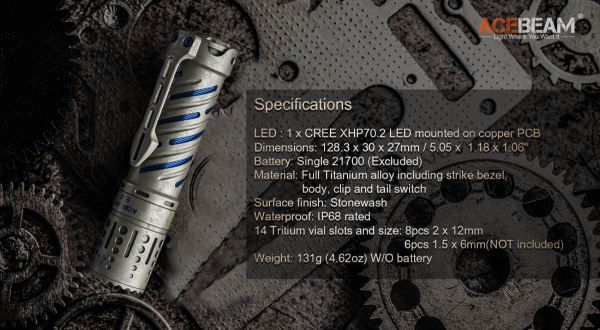 Acebeam E70TI EDC Taschenlampe Titan Maße
