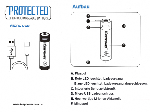 Keeppower 14500 Li-Ionen Akku 950mah Micro-USB ladbar